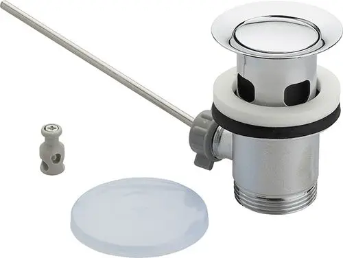 Ideal Standard Ab- und Überlauf-System in verchromter Ausführung mit beweglichem Hebel, Rohr und zusätzlichem Zubehörteil auf einem weißen Hintergrund.